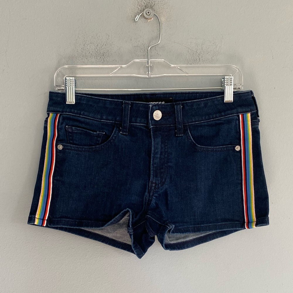Express Shortie Relaxed Low Rise Dark Wash Rainbow Side Jean Shorts
